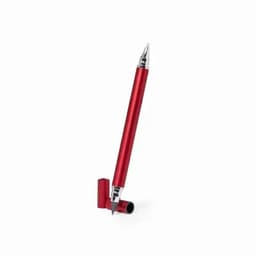 A red pen with a metallic finish, featuring a tapered design and a removable cap. It has a logo on the side.