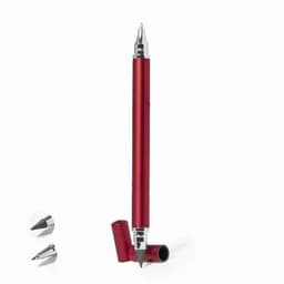 A red promotional pen with a sleek design and two interchangeable tips, featuring a logo on the barrel.