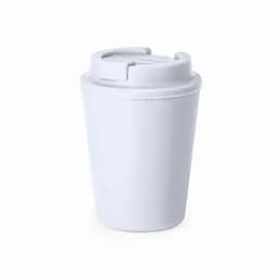 A drink bottle in white with a secure lid, featuring a simple design and a branding logo.