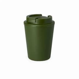 A drink bottle in olive green, featuring a screw-top lid and a smooth, cylindrical design. It has a branding logo.