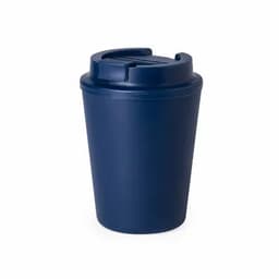 A drink bottle in navy blue with a secure lid, featuring a simple, compact design and a logo.