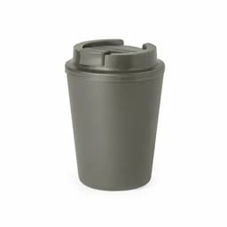 A drink bottle in a muted green colour with a screw-on lid and a small drinking spout. It features a logo.