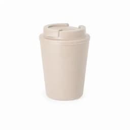 A drink bottle in a beige colour with a twist-off lid and a built-in spout. It features a logo on the front.