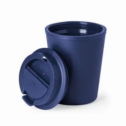 A drink bottle in navy blue with a removable lid featuring a sliding opening and a circular cutout.