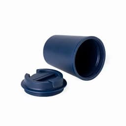 A drink bottle in navy blue with a removable lid and a logo on the side.