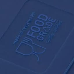 A blue food storage container with a logo indicating it is made of recycled PP and is food grade certified.
