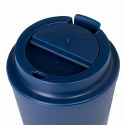 A drink bottle in navy blue with a secure lid and a small opening for sipping. It features a logo on the surface.