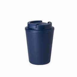 A drink bottle in navy blue with a secure lid and a sleek, modern design. It features a branding logo.
