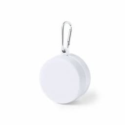 A white circular clip-on product with a silver carabiner. It features a smooth, solid surface.