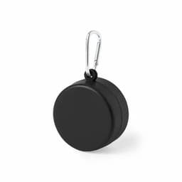 A round, black promotional product with a metal carabiner attached.