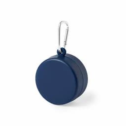 A drink bottle with a navy blue casing and a silver carabiner clip attached for easy carrying. It features a logo.