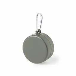 A grey round keyring with a metal carabiner attached.