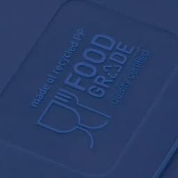 A blue promotional product with a textured surface featuring a logo and "food grade" certification text.