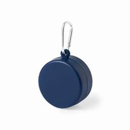 A drink bottle cap in navy blue with a silver carabiner for easy attachment. Features a round design and branding.