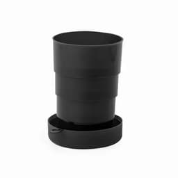 A black collapsible drink bottle with a lid, featuring a smooth finish and a compact design.