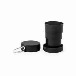 A black collapsible drink bottle with a lid and a carabiner attached. It features a cylindrical design.