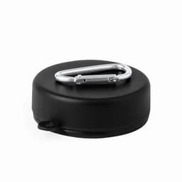 A black drink bottle cap with a silver carabiner attached. The cap has a smooth finish and a simple design.