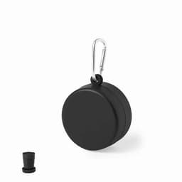 A black drink bottle with a carabiner clip, featuring a rounded design and an attached lid.