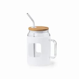 A drink bottle with a clear glass body, white silicone sleeve, bamboo lid, and a straw.