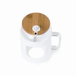 A drink bottle with a white body and a bamboo lid, featuring a straw and a handle. It has a simple design.