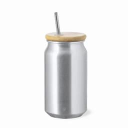 A drink bottle resembling a silver can with a bamboo lid and stainless steel straw. Features a logo.