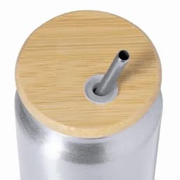 A drink bottle with a sleek silver body and a natural bamboo lid featuring a metal straw.