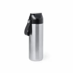 A drink bottle with a silver body and black cap, featuring a black strap. It has a logo on the body.