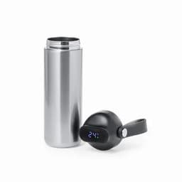 A drink bottle with a sleek silver finish and a black temperature display. The bottle has a simple black lid.