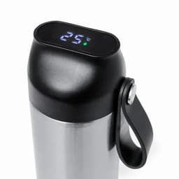 A drink bottle with a stainless steel body, black top, and digital temperature display. Features a handle attachment.
