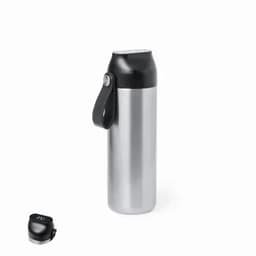 A drink bottle with a silver stainless steel body and a black lid, featuring a logo and a detachable black strap.