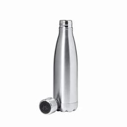 A drink bottle in stainless steel featuring a sleek, curved design and a lid with a digital temperature display.