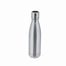 A drink bottle in a sleek silver finish with a stainless steel design and a branded cap.