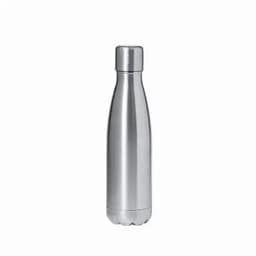 A drink bottle in shiny silver stainless steel with a tapered design and a screw-on top. Features a logo.