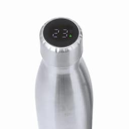 A drink bottle made of stainless steel with a silver finish and a digital temperature display at the top.