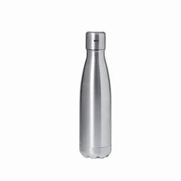 A drink bottle in silver stainless steel with a narrow neck and a flat base, featuring a logo on the side.