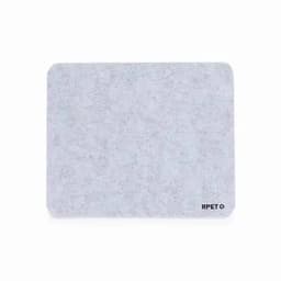 A mat in a textured light grey colour, featuring a logo in the bottom right corner.