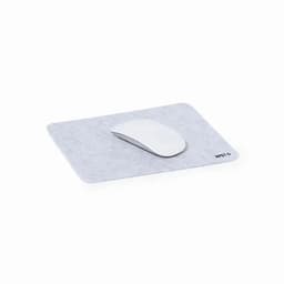 A mouse pad in light grey with a white mouse on top. It features a small logo in the bottom corner.