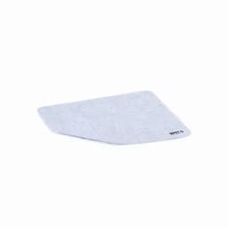 A grey rectangular product with a slightly curved edge, featuring a small logo in the corner.