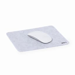 A mouse pad featuring a light grey surface with a white computer mouse placed on top.