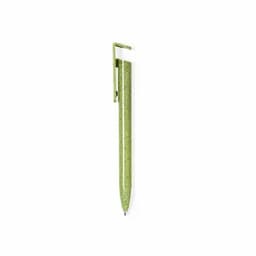 A green pen with a clip, featuring a smooth finish and a rounded tip, ideal for writing.