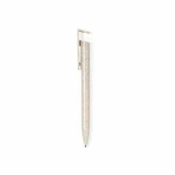 A ballpoint pen in a light cream colour with a textured finish and a clip on the side.