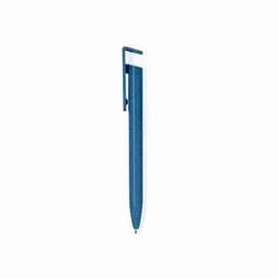 A blue pen with a unique design and a clip, featuring a textured surface. It has a logo on the barrel.