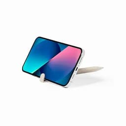 A smartphone propped up on a stand, featuring a vibrant blue and pink display on a white background.