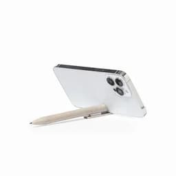 A smartphone stands upright with a stylus positioned at the base, featuring a sleek white finish.