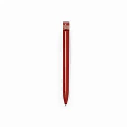 A red pen with a transparent cap and a slim barrel design, featuring a metal tip for writing.