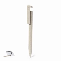 A biodegradable pen in a light beige colour with a clip, beside a phone. Features a simple, eco-friendly design.