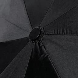 A black umbrella with a textured fabric and a central button, featuring a smooth, sleek design.
