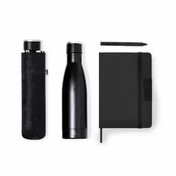 A drink bottle and a black notebook with a pen, presented with a black carrying case.
