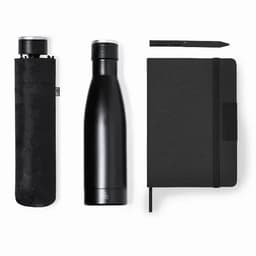 A drink bottle in matte black next to a black notebook and black pen, all displayed with a protective case.