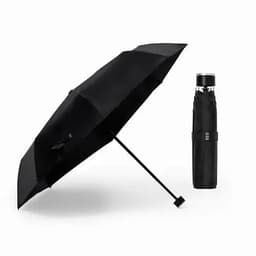 A black umbrella next to a black, compact folding umbrella with a strap. Both items feature a sleek design.
